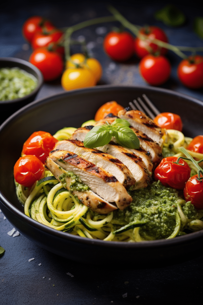 Courgette spaghetti met pesto en gegrilde kip - Kaythode - Sacha Kay - Afvallen met Gezond Keto eten Kayto recepten weekmenu - Keto Lunch en Diner