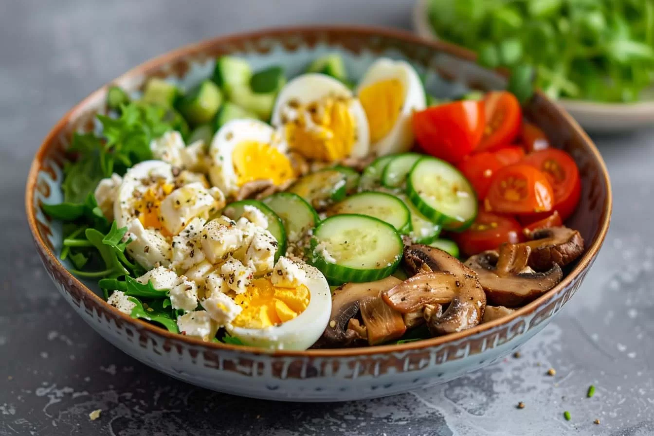 Keto Salade Recept, Gezonde Salades, Champignon Recepten, Feta Kaas, Low Carb Maaltijden, Voedzame Lunch Ideeën, gezonde keto salade met champignons en feta, gezonde keto salade