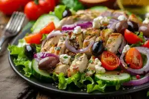 Griekse keto salade recept, keto salade met gegrilde kip, lage koolhydraten Griekse salade, gezonde feta kipsalade, keto maaltijdsalade, voedzame keto lunch, snelle keto diner ideeën, Griekse salade koolhydraatarm, eiwitrijke keto salade, verse keto maaltijd, keto-vriendelijke salade met olijven, gegrilde kip keto recept, keto feta salade, mediterrane keto gerechten, koolhydraatarme kip salade, gezonde vetten in keto dieet, smaakvolle keto salade opties, koolhydraatbeperkt salade recept, makkelijke keto salade bereiding, keto maaltijdplanning.