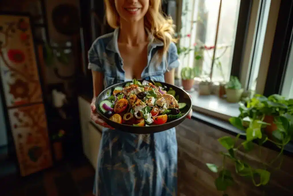 Griekse keto salade recept, keto salade met gegrilde kip, lage koolhydraten Griekse salade, gezonde feta kipsalade, keto maaltijdsalade, voedzame keto lunch, snelle keto diner ideeën, Griekse salade koolhydraatarm, eiwitrijke keto salade, verse keto maaltijd, keto-vriendelijke salade met olijven, gegrilde kip keto recept, keto feta salade, mediterrane keto gerechten, koolhydraatarme kip salade, gezonde vetten in keto dieet, smaakvolle keto salade opties, koolhydraatbeperkt salade recept, makkelijke keto salade bereiding, keto maaltijdplanning.