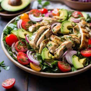 "Avocado kipsalade, Gezonde lunchrecepten, Citroen olijfolie dressing, Keto-vriendelijke salades, Eiwitrijke maaltijden, Snelle gezonde salades, Avocado recepten, Kip salade ideeën, Voedzame salades, Glutenvrije lunch, Makkelijke maaltijden, Gezonde eetinspiratie, Verse salade recepten, Koolhydraatarme lunches, Voedzame lunchkeuzes."