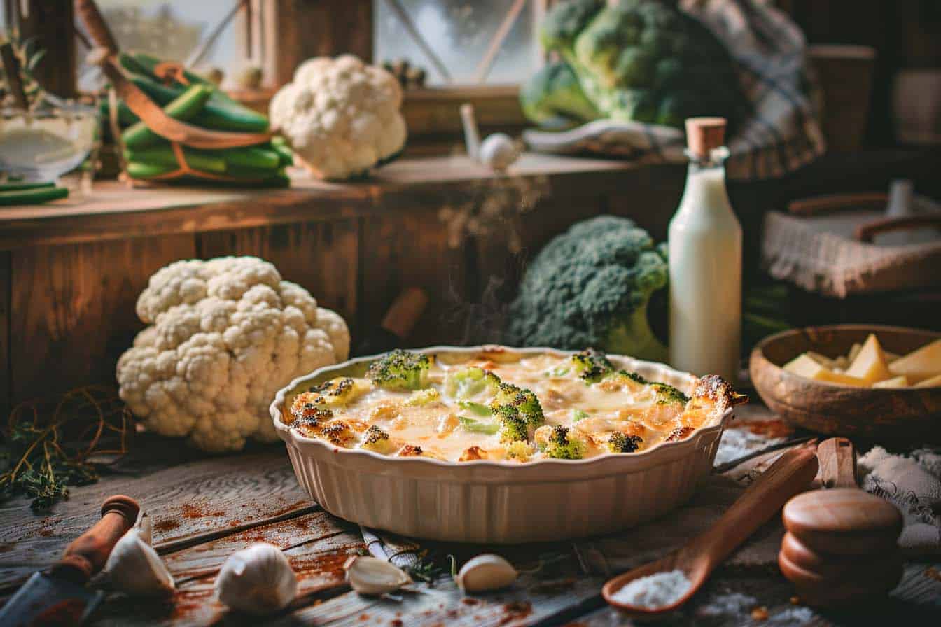 keto gratin, broccoli bloemkool recept, koolhydraatarm bijgerecht, romige kaassaus, gezonde ovenschotel, keto dieet recepten, glutenvrije maaltijd, vegetarische keto optie, voedingsrijke groenten, vegetarisch keto recept, eenvoudige keto gerechten, bloemkool ovenschotel, koolhydraatarme gratin, keto ovenschotel