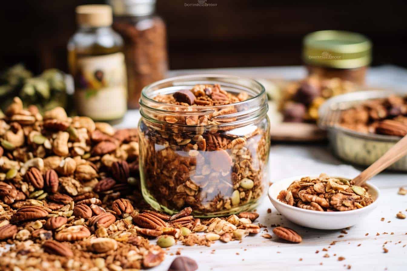 Keto granola recept, Zelfgemaakte keto snack, Noten en zaden granola, Lage koolhydraten ontbijt, Gezonde vetrijke snacks, Keto-vriendelijke granola, Suikervrije granola, Eiwitrijke snacks, Glutenvrije granola, Keto dieet snacks, Voedzame keto recepten, Keto ontbijtopties, Zelfgemaakte granola zonder suiker, Keto maaltijdplanning, Voedzame notenmix