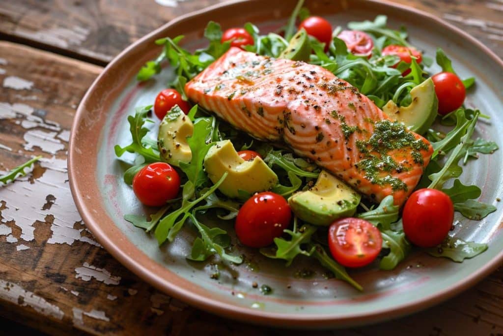 Rucolasalade, gegrilde zalm, gezonde lunch, keto recept, avocado, citroendressing, verse ingrediënten, eiwitrijke salade, koolhydraatarm, voedzaam lunchgerecht, Rucolasalade, gegrilde zalm, keto lunch, gezonde salade, snelle keto recepten, avocado salade, citroendressing, eiwitrijke maaltijd, koolhydraatarm lunchgerecht, verse zalmrecepten, keto rucolasalade