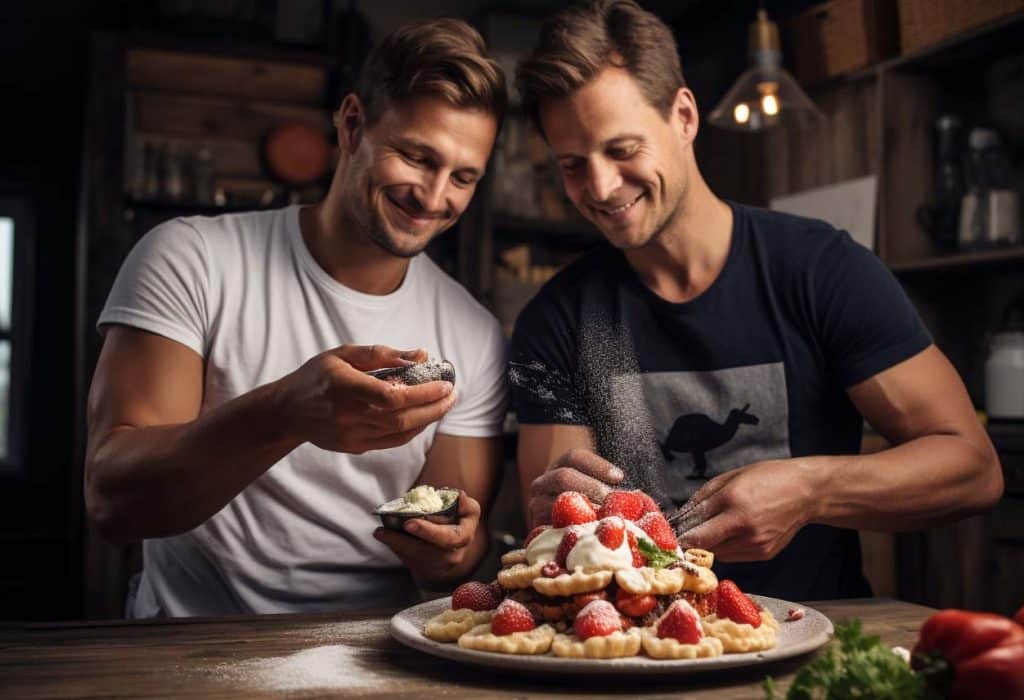 Keto wafels, Koolhydraatarm ontbijt, Amandelmeel recepten, Keto ontbijtideeën, Aardbeien en slagroom, Keto zoete traktaties, Suikervrije toppings, Gezonde ontbijtwafels, Keto brunchrecepten, Glutenvrije wafels, Keto dieet ontbijt, Voedzame ontbijtopties, Lage koolhydraten wafels, Keto-vriendelijke zoetigheden, Creatieve keto maaltijden.