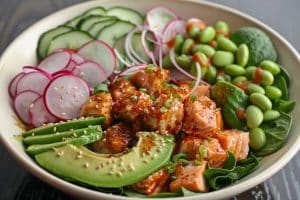 Keto Pokebowl, Zalm Pokebowl, Gezonde Maaltijd, Sesamzaadjes, Keto, Zalm, Pokebowl, Verse Ingrediënten, Gezonde Vetten, Koolhydraatarm, Pokebowlmix, Avocado, Edamame, Keto Zalm Pokebowl Keto Pokebowl Recept