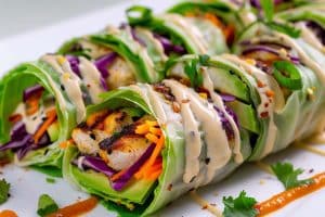 Keto slawraps, avocado, gegrilde kip, Tex-Mex specerijenmix, gezonde wraps, koolhydraatarm recept, verse koriander, limoendressing, ijsbergsla, rode kool, gezond keto, keto recept, keto wrap recept, keto wraps, koolhydraatarme wraps