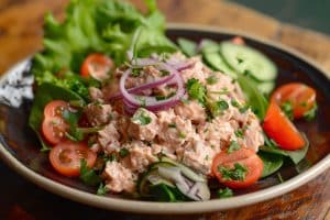 tonijnsalade, gezonde lunch, keto recept, verse groenten, snelle maaltijd, eiwitrijk, caloriearme lunch, tonijnsalade, keto lunch, gezonde recepten, gemengde bladgroenten, caloriearm, eiwitrijk, snelle bereiding