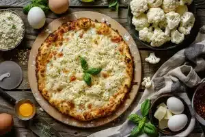 fastfood, Bloemkool Pizzabodem, Gezonde Pizza, Koolhydraatarm, Glutenvrij, Gemakkelijke Recepten, Italiaanse Kruiden, Mozzarella, Ovenrecept, keto pizzabodem van bloemkool, vegetarisch