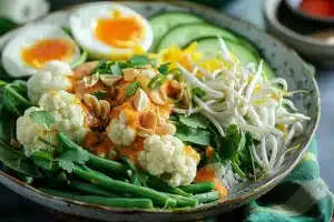 Keto Gado Gado, voedzame maaltijd, gezonde recepten, extra groenten, koolhydraatarm, Indonesische keuken, gadogadosaus, bloemkool, komkommer, sperziebonen, spinazie, gado gado salade, gadogado salade, keto gadogado, keto gado gado salade, gezonde keto, Koolhydraatarme Gado Gado Salade