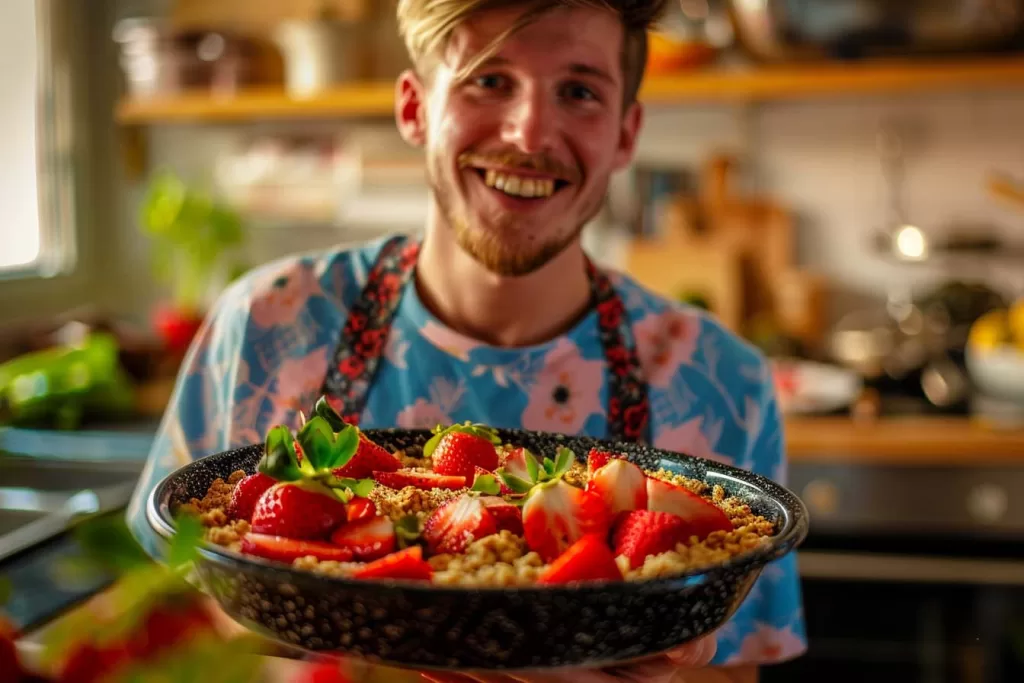 Keto dessert, Aardbeien Rabarber Crumble, Suikervrij bakken, Gezonde snacks, Amandelmeel recepten, keto aardbeien rabarber crumble, koolhydraatarm dessert recept