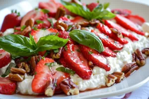 Keto salade, Aardbeien Ricotta, Pecannoten, Basilicum Dressing, Zomerse lunch, keto aardbeien ricotta salade recept, keto aardbeien ricotta salade, vegetarisch keto recept