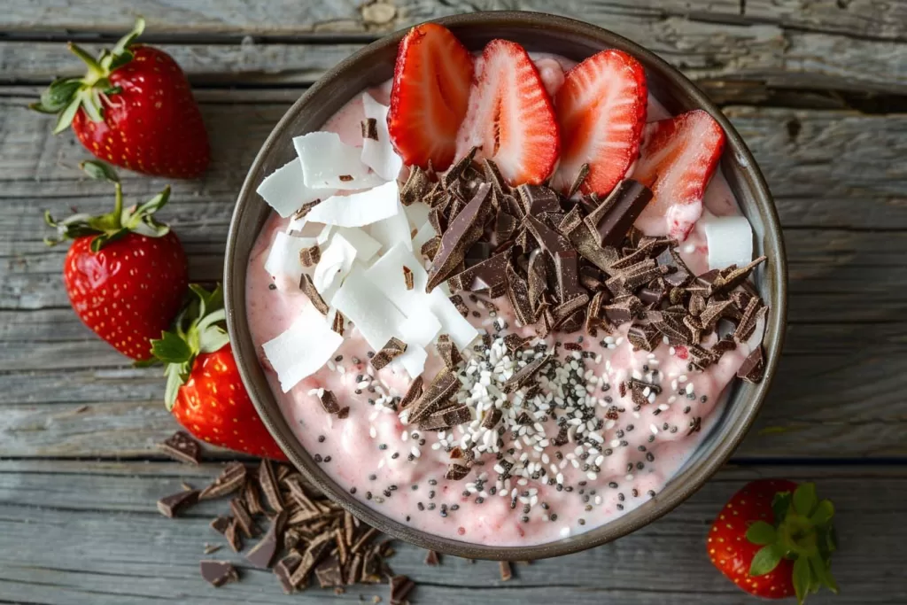 keto aardbeienrecepten, Keto ontbijt, aardbeien smoothie bowl, chocolade, gezond recept, koolhydraatarm, volvet Griekse yoghurt, suikervrij zoeten, antioxidantrijke cacao, keto aardbeien chocolade smoothie bowl, keto smoothie bowl, koolhydraatarme smoothie bowl, smoothiebowl, lowcarb smoothie bowl