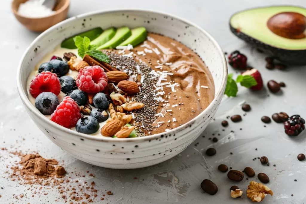 Keto Smoothie Bowl, Koude Koffie, Avocado Recept, Roomkaas Smoothie, Chiazaad Energieboost, Gezonde Zoetstof Opties, smoothiebowl, keto koffie smoothie bowl, keto koffie smoothie, keto smoothie, lowcarb smoothie, koolhydraatarme smoothie bowl, keto ontbijt