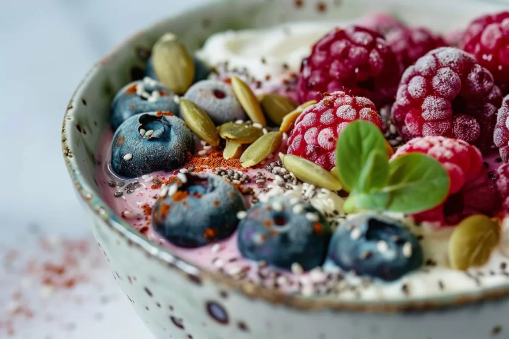 Kokosyoghurt, Keto Smoothie Bowl, Gemengde Bessen, Spinazie, Chiazaad, Kokosschilfers, Pompoenpitten, Gezonde Ontbijtopties, Laag in Koolhydraten, keto kokosyoghurt smoothie, keto kokosyoghurt smoothie bowl