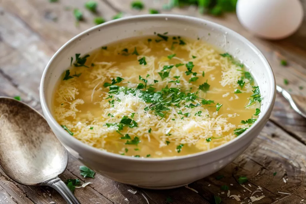 Italiaanse soep, Stracciatella alla Romana, Parmezaanse kaas, kippenbouillon, lichte maaltijd, stracciatella alla romana soep