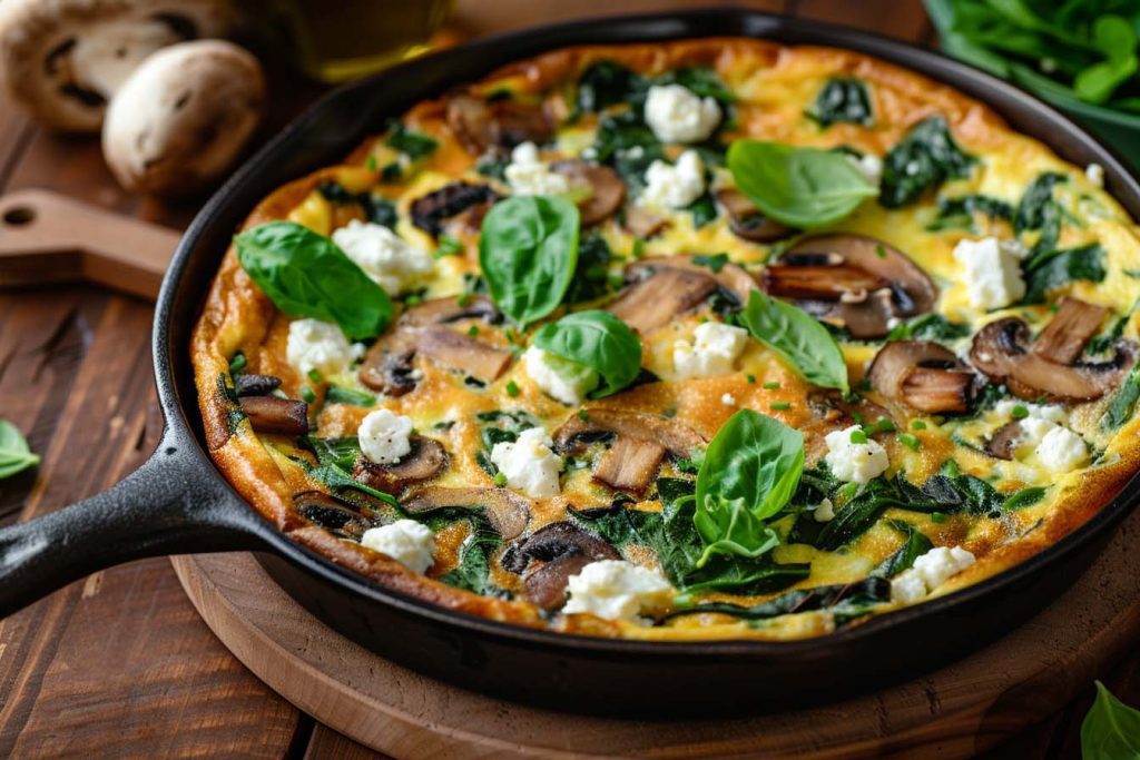 Keto Frittata, Spinazie Champignon Recept, Geitenkaas, Gezond Ontbijt, Eiwitrijk, Laag in Koolhydraten, geitenkaas frittata, gezonde spinazie, koolhydraatarme recepten, koolhydraatarm recept, keto recepten, eieren, ei