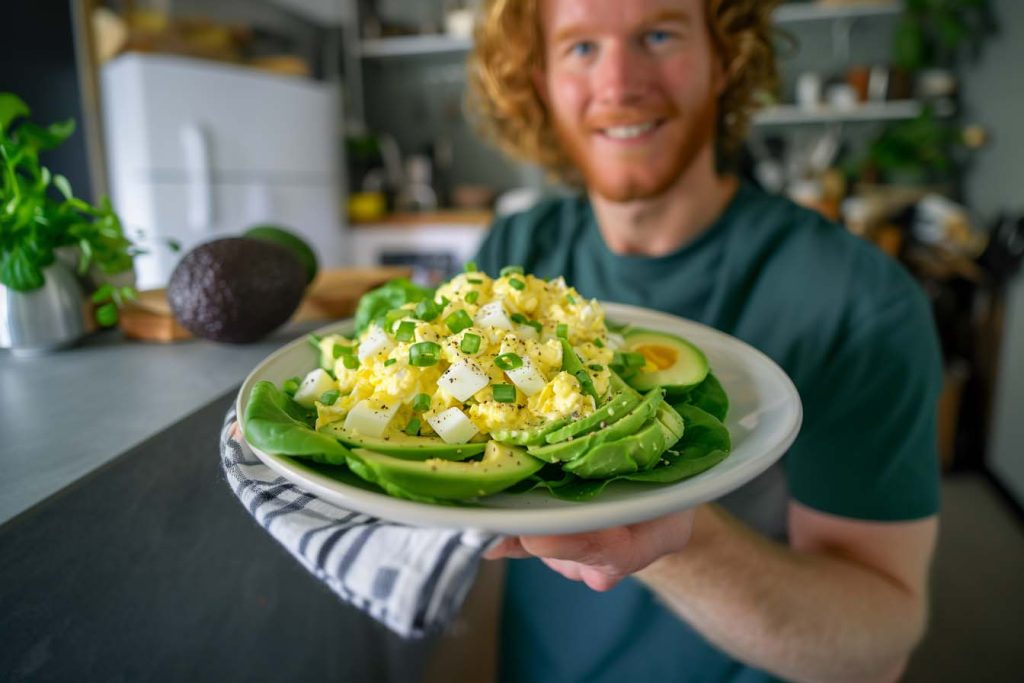 Keto eiersalade, avocado recept, gezonde salade, bladsla, eenvoudig keto recept, koolhydraatarme recepten, keto recepten, koolhydraatarm recepten