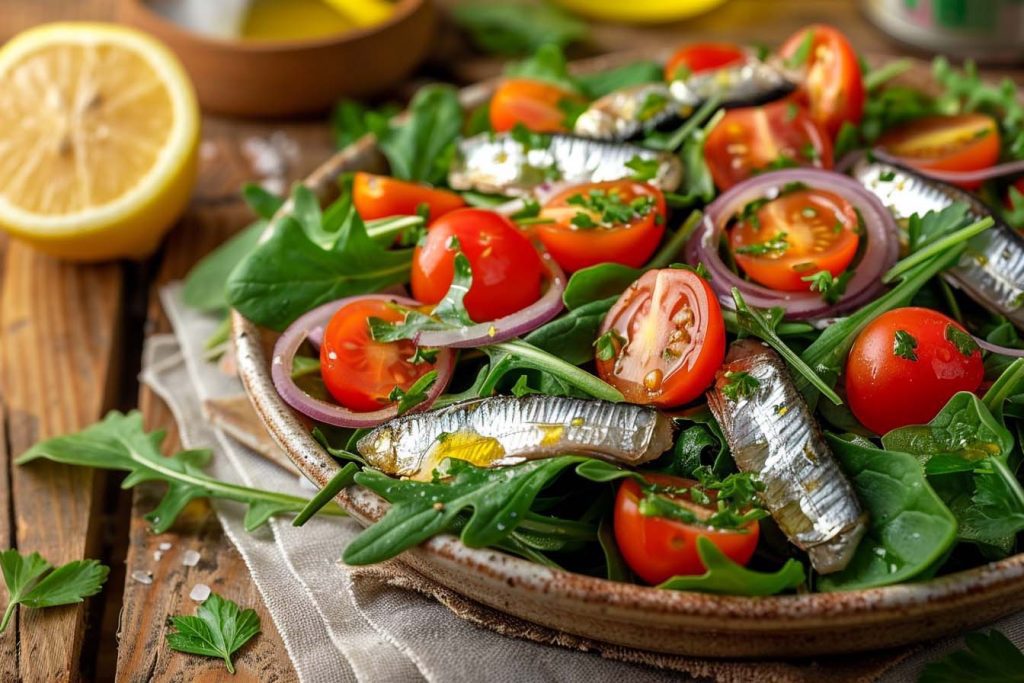 Keto sardientjes salade, olijfolie dressing, snelle keto lunch, gezonde vetten, eiwitrijke salade, citroendressing, frisse keto salade, koolhydraatarme recepten, keto recepten, koolhydraatarm recepten