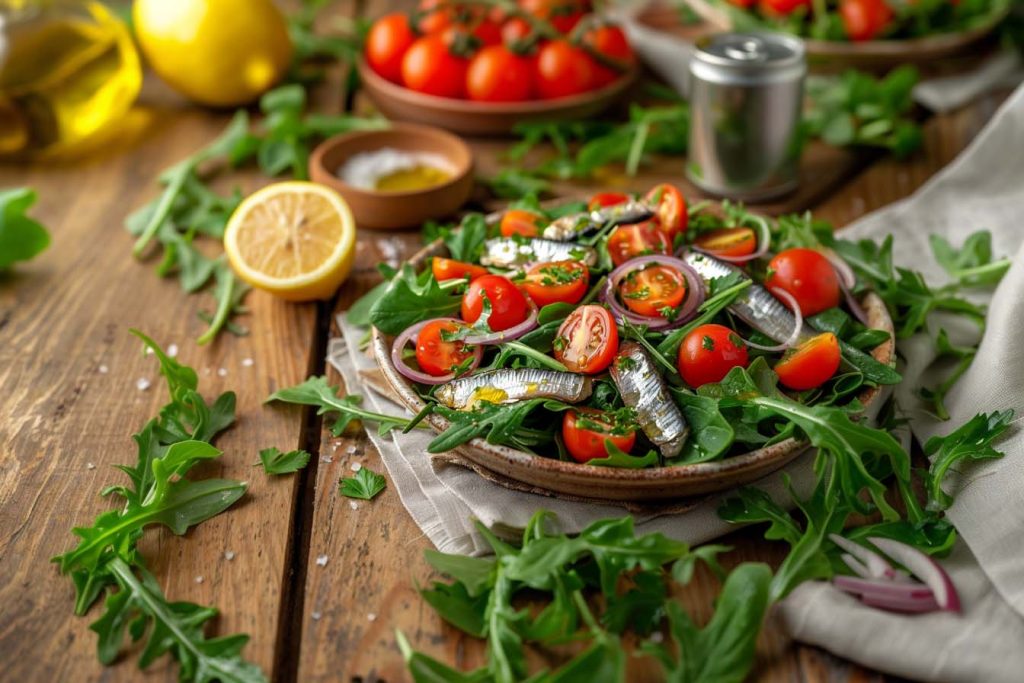 Keto sardientjes salade, olijfolie dressing, snelle keto lunch, gezonde vetten, eiwitrijke salade, citroendressing, frisse keto salade, koolhydraatarme recepten, keto recepten, koolhydraatarm recepten