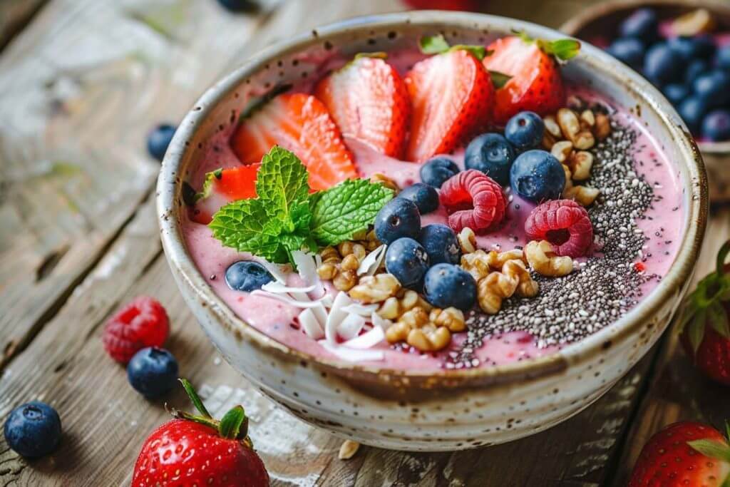 Keto smoothie bowl, aardbeien, blauwe bessen, gezond ontbijt, zonder zout, kokosmelk, avocado, chiazaad, kokosvlokken, verse munt