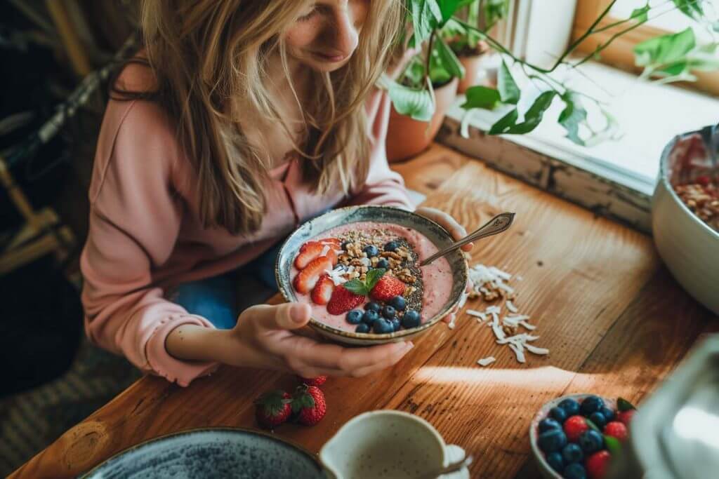 Keto smoothie bowl, aardbeien, blauwe bessen, gezond ontbijt, zonder zout, kokosmelk, avocado, chiazaad, kokosvlokken, verse munt