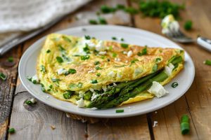 groene asperges, feta, keto-omelet, gezonde omelet, eenvoudig recept, omelet met groene asperges