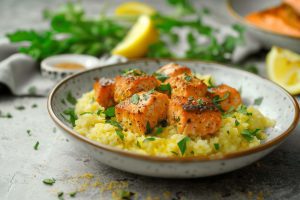 Keto Risotto, Spaanse Zalm, Saffraan, Bloemkoolrijst, Gezonde Recepten, koolhydraatarme recepten, koolhydraatarm recepten, keto recepten, zalm en saffraanrisotto recept, keto risotto, low-carb maaltijd