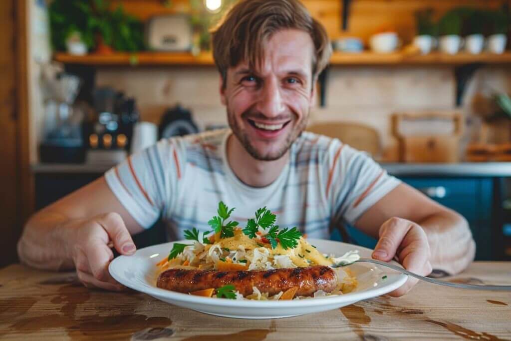 bratwurst met zuurkool, Keto lunch, Bratwurst, zuurkool, mosterdsaus, Duits lunch recept, koolhydraatarm lunch