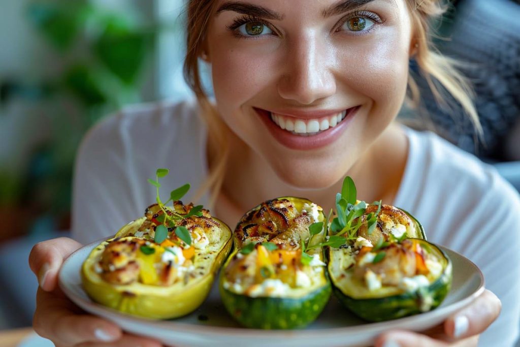 gevulde courgette, gerookte kip, champignons, gezonde maaltijd, koolhydraatarm, keto recept, oven gebakken, makkelijke maaltijd, kleurrijk gerecht, heerlijke lunch