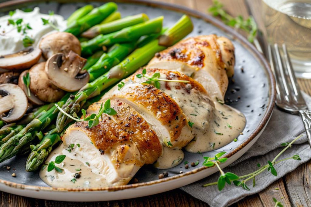 gezonde kipfilet, groene asperges, romige champignonsaus, keto recept, koolhydraatarm, eiwitrijk, zonder zout, makkelijke maaltijd, kipfilet met groene asperges