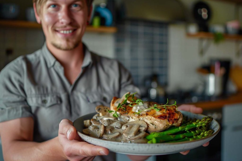 gezonde kipfilet, groene asperges, romige champignonsaus, keto recept, koolhydraatarm, eiwitrijk, zonder zout, makkelijke maaltijd, kipfilet met groene asperges