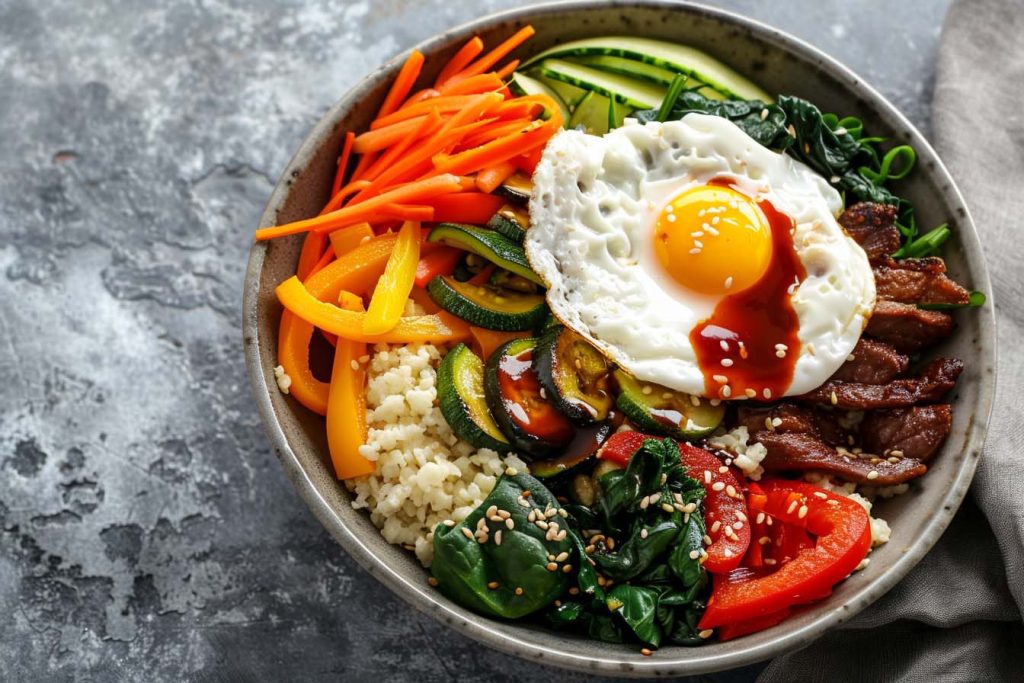 keto bibimbap, bloemkoolrijst, gezond recept, keto maaltijd, koolhydraatarm, rundvlees, groenten, koreaanse chilipasta, bibimbap recept, bibimbap, koreaanse keuken, koreaans recept, bibimbap saus, recept bibimbap, bibimbap bowl, wat is bibimbap, koriaans, keto lunch, keto bowl, koolhydraatarm recept