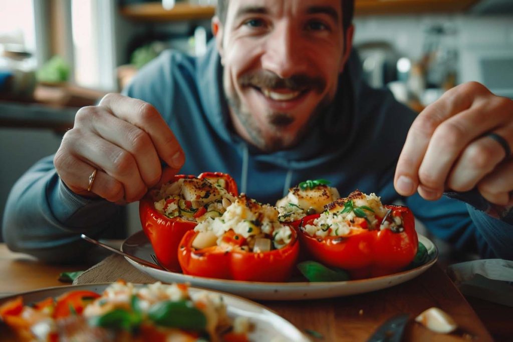 gevulde paprika oven, gevulde paprika uit de oven, gevulde paprika in de oven, lekkerste gevulde paprika, gevulde paprika vegetarisch, gevulde paprika recept, gevulde paprika vega, recept gevulde paprika, gevulde paprika, gevulde paprika's, bloemkoolrijst, halloumi, gezonde recepten, vegetarische maaltijd, ovenrecepten, koolhydraatarm, groenten, vegetarische gevulde paprika, keto gevulde paprika, koolhydraatarme gevulde paprika