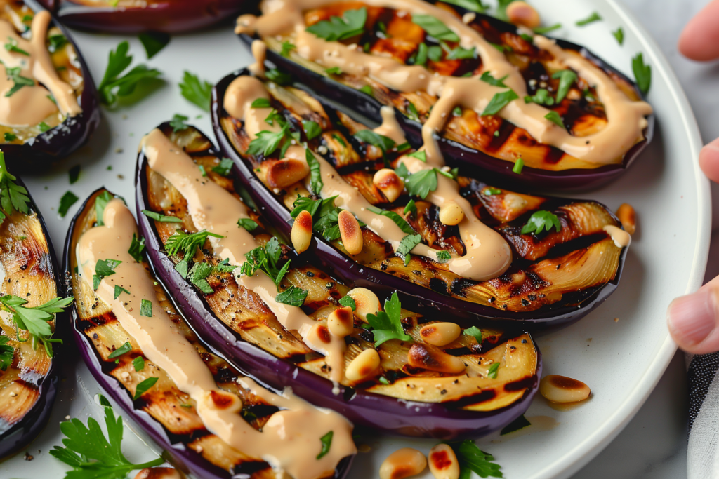 Marokkaanse gegrilde aubergine, tahinisaus, keto recept, gezonde aubergine recepten, vegetarisch, gegrilde groenten, Mediterrane keuken, makkelijke maaltijden, gezonde recepten, gegrilde aubergine marokkaans, koolhydraatarm, marokkaans recept, marokkaans keto recept, gegrilde aubergine