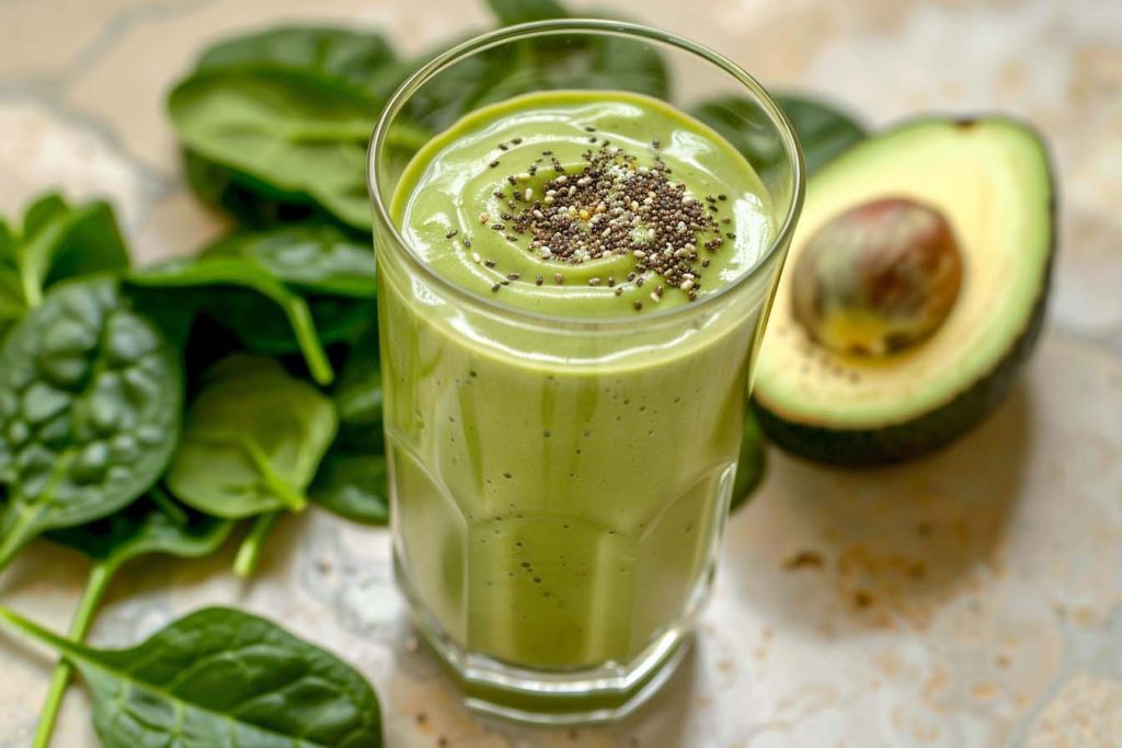 Avocado smoothie, spinazie smoothie, ontbijt smoothie, eiwitpoeder recept, gezonde smoothie, keto smoothie, avocado recept, spinazie recept