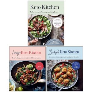 Boekcover van "Lazy Keto Kitchen" door Monya Kilian Palmer. De cover heeft een stijlvolle en moderne uitstraling met een afbeelding van een keto-gerecht op een donkere achtergrond. Dit boek bevat eenvoudige en smakelijke keto-recepten voor dagelijks gebruik.