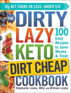 Boekcover van "The DIRTY, LAZY, KETO Cookbook" door Stephanie en William Laska. De cover bevat een kleurrijk ontwerp met afbeeldingen van verschillende keto-gerechten. Dit kookboek biedt 100 eenvoudige en toegankelijke recepten voor een flexibele keto-lifestyle.