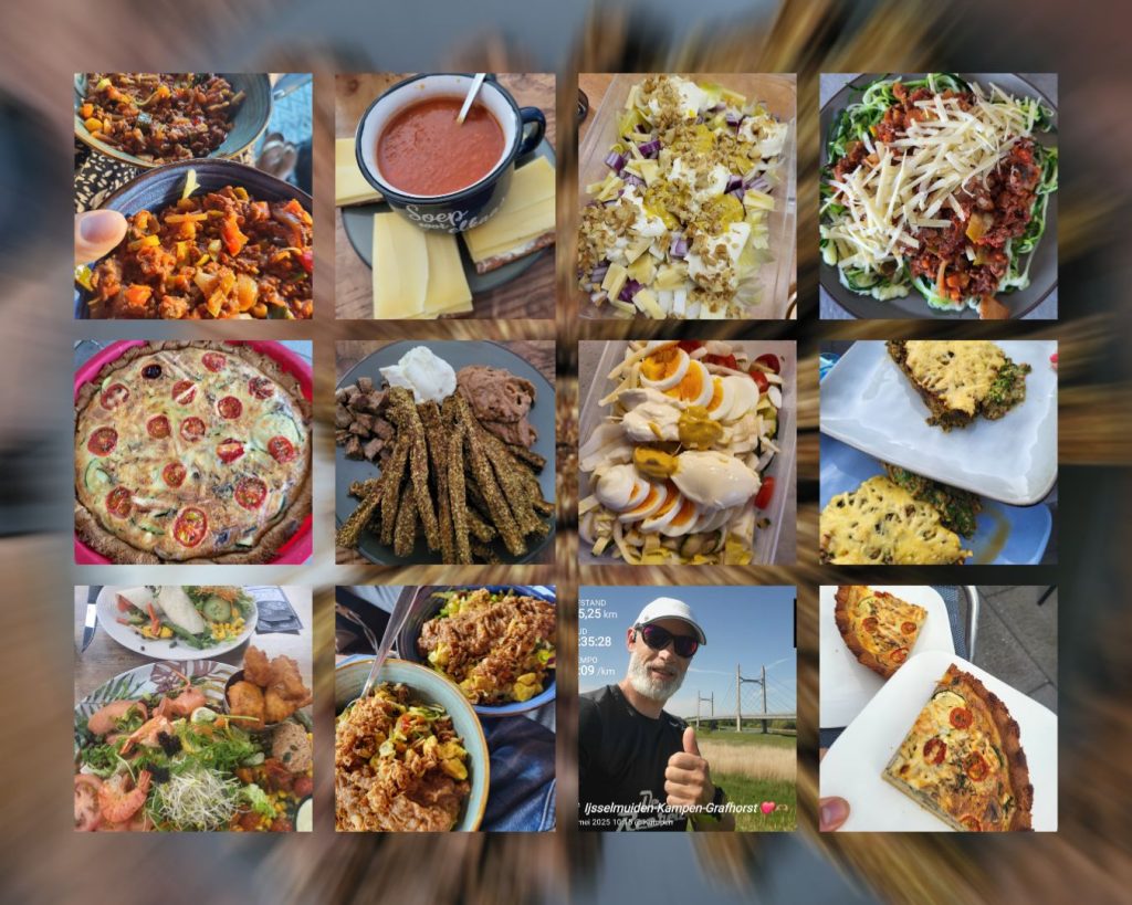 Collage van zelfgemaakte ketomaaltijden door een Nederlandse man, met onder andere spinazietaart, tomatensoep, courgetti met bolognese, quiche, salade met ei, zelfgemaakte crackers en een foto van een fietstocht