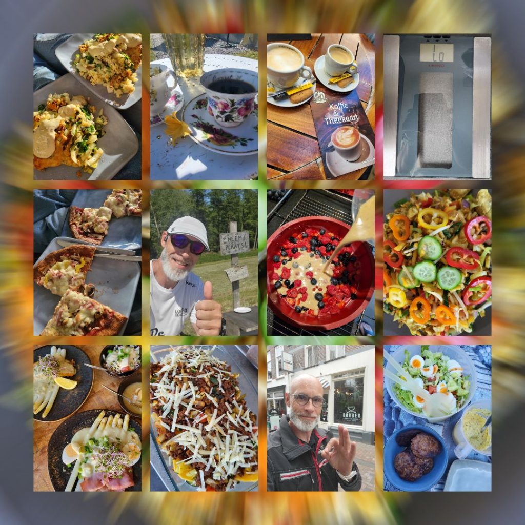 Collage van ketogerechten zoals pizza, salade, ovenschotels en eieren, afgewisseld met koffiemomenten, een foto van Frans, zijn weegschaal en een bezoek aan de barbier Een keto week met Frans