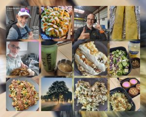 Collage met ketogerechten en dagelijkse momenten van een Nederlandse man: eiersalade, bloemkool-broccoli ovenschotel, mozzarella pannenkoekjes, nasi, een hardloopselfie en koffiemomenten – onderdeel van een persoonlijke keto week vol beweging en zelfliefde. Een keto-week met Frans de Graaf.
