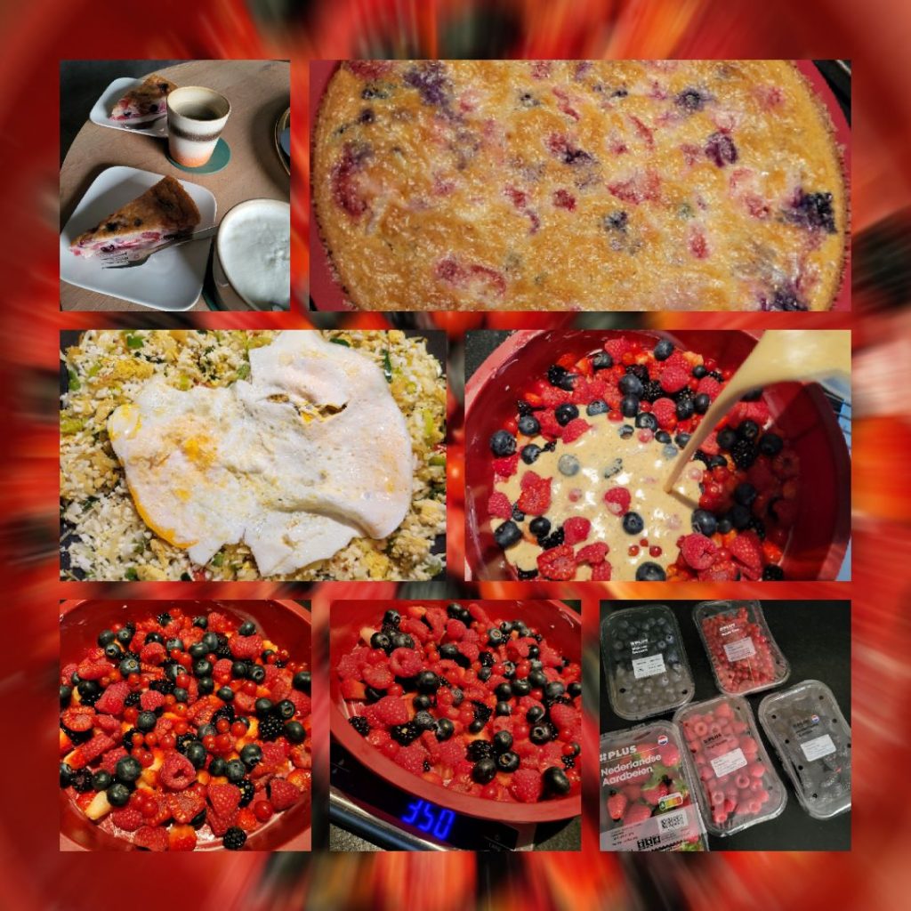 Collage met keto clafoutis in verschillende fases met rood fruit zoals frambozen en blauwe bessen, gebakken ei op broccoli nasi, en een koffiemoment met een punt clafoutis Een keto week met Frans